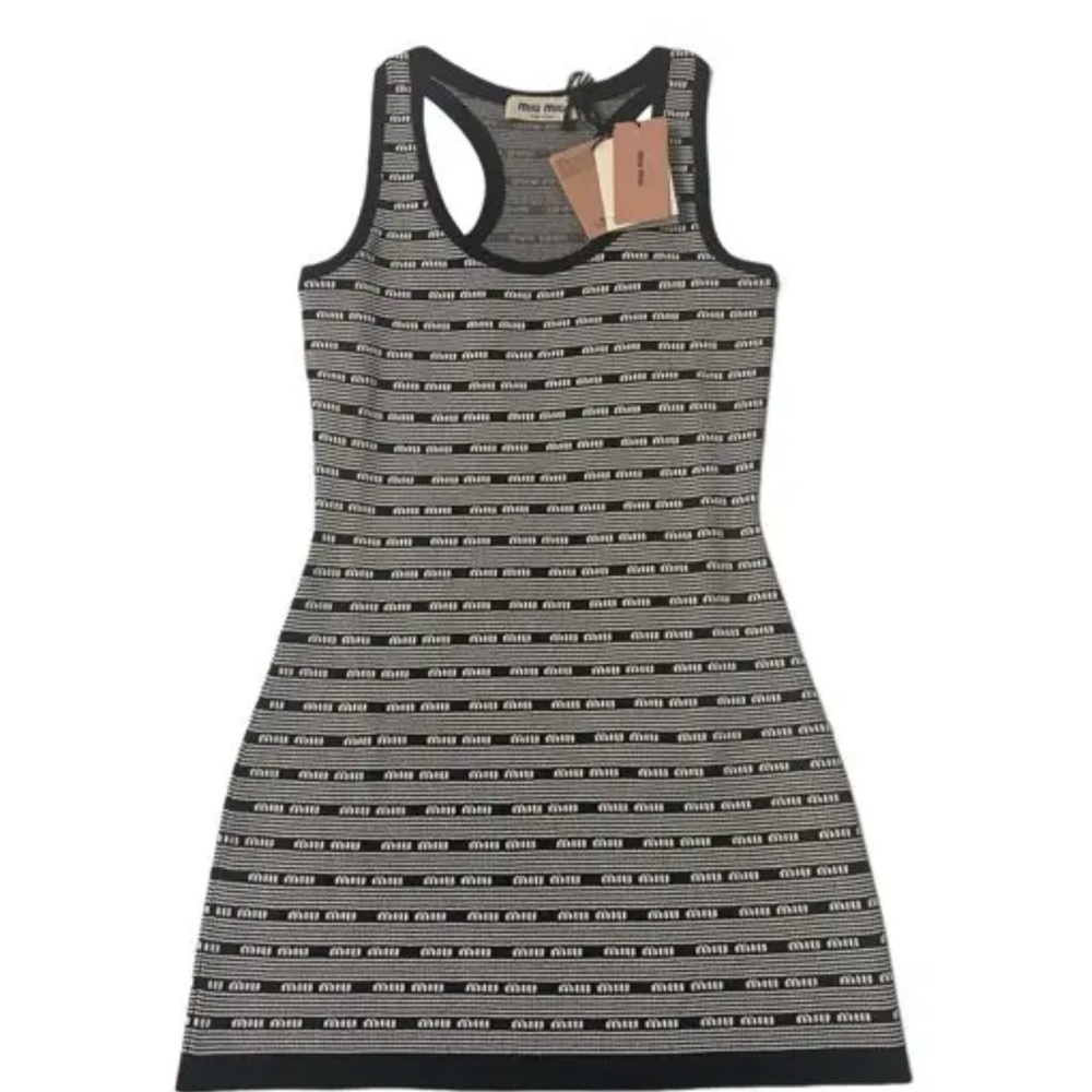 Miu Miu Black and White Striped Logo Knit Mini Dress
